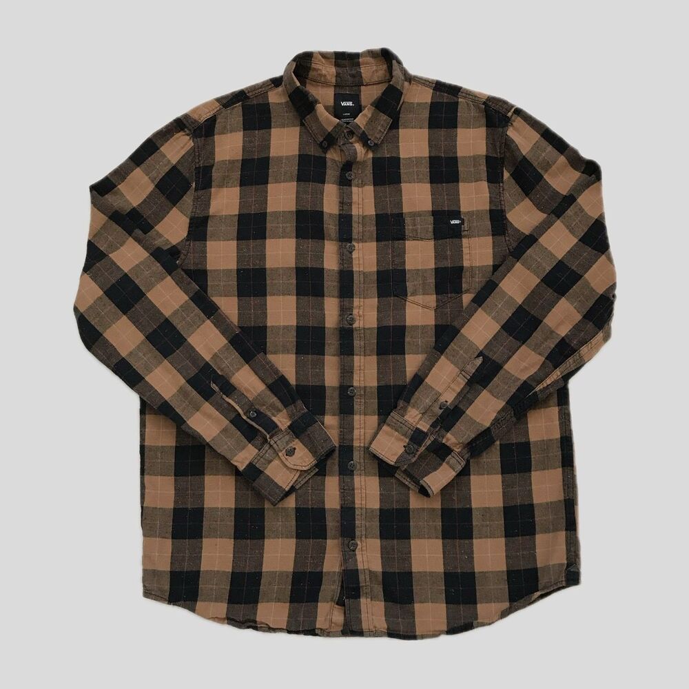 Vans Brown Black Plaid Cotton Casual Long Sleeve Skater Shirt Mens Size L